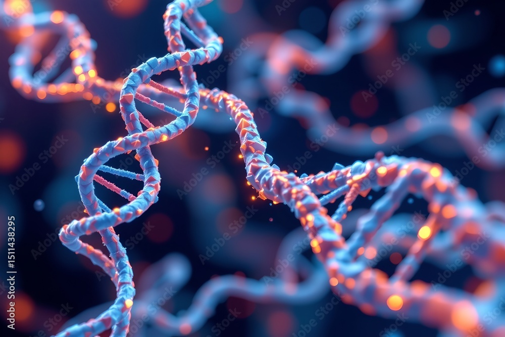 Poster geometric low poly art style, with faceted, angular representations of dna and neural pathways in co