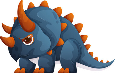 Cartoon Triceratops with orange spikes and horns, cute but with a slightly angry face.