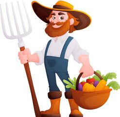 Cartoon Farmer With a Basket Full of Vegetables and a Pitchfork, Illustration.