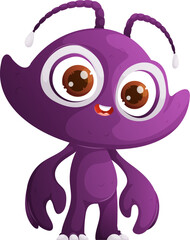 Cute Purple Alien Character Illustration, Big Eyes, Antennas and Small White Feet