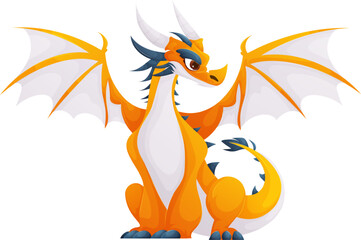 Cute Cartoon Orange Dragon Sitting with Wings Spread, Isolated on White Background.