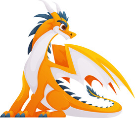 Orange Cartoon Dragon Sitting and Posing on a White Background, Cute, Funny and Friendly.