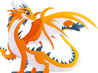 Cute Orange and White Dragon with Yellow Wings Standing Isolated on White Background.