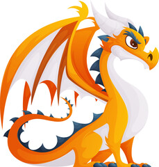 Cartoon orange dragon with white belly and horns. Dragon looking angry and serious.