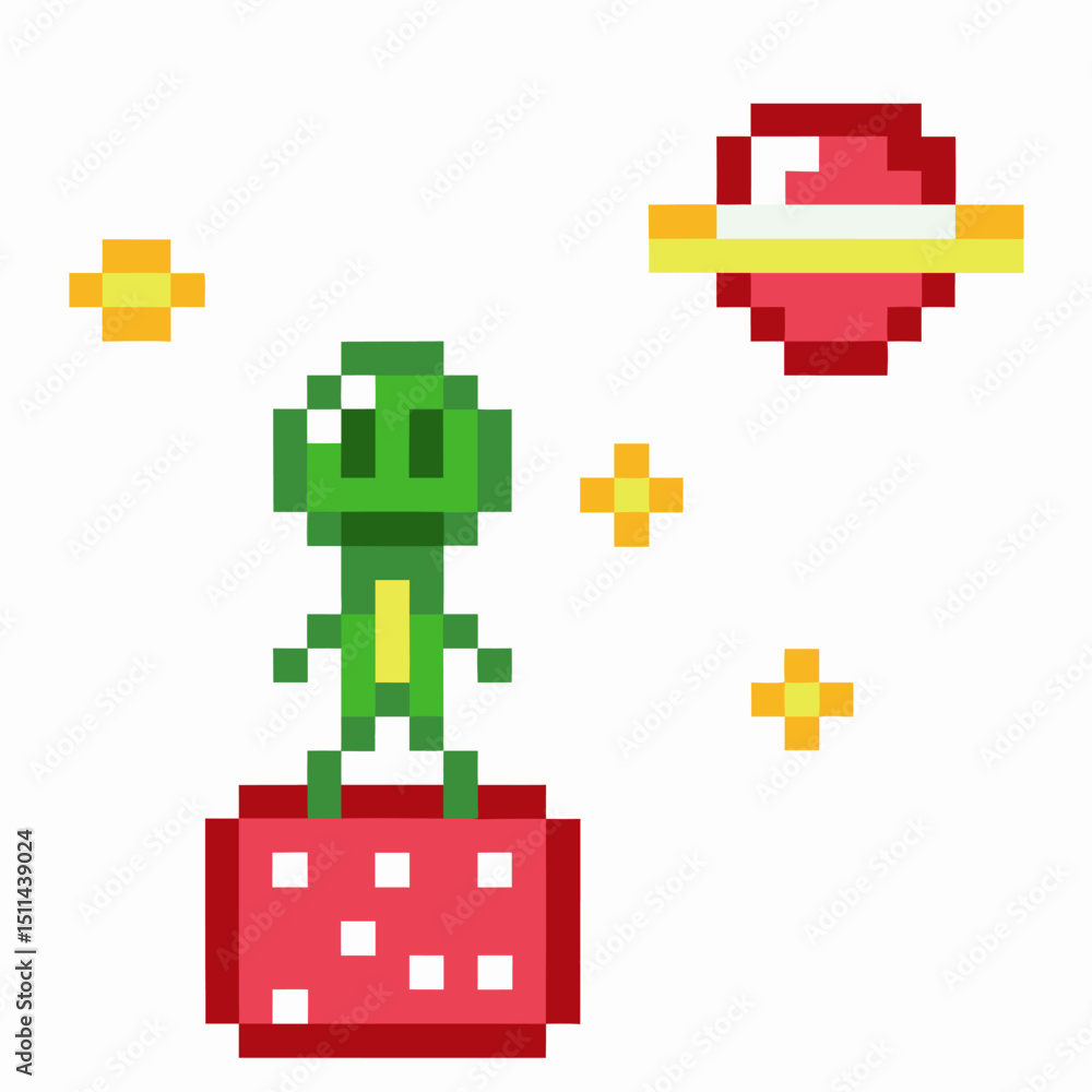 Poster pixelated alien on red planet with orbiting ringed planet and stars in retro space scene
