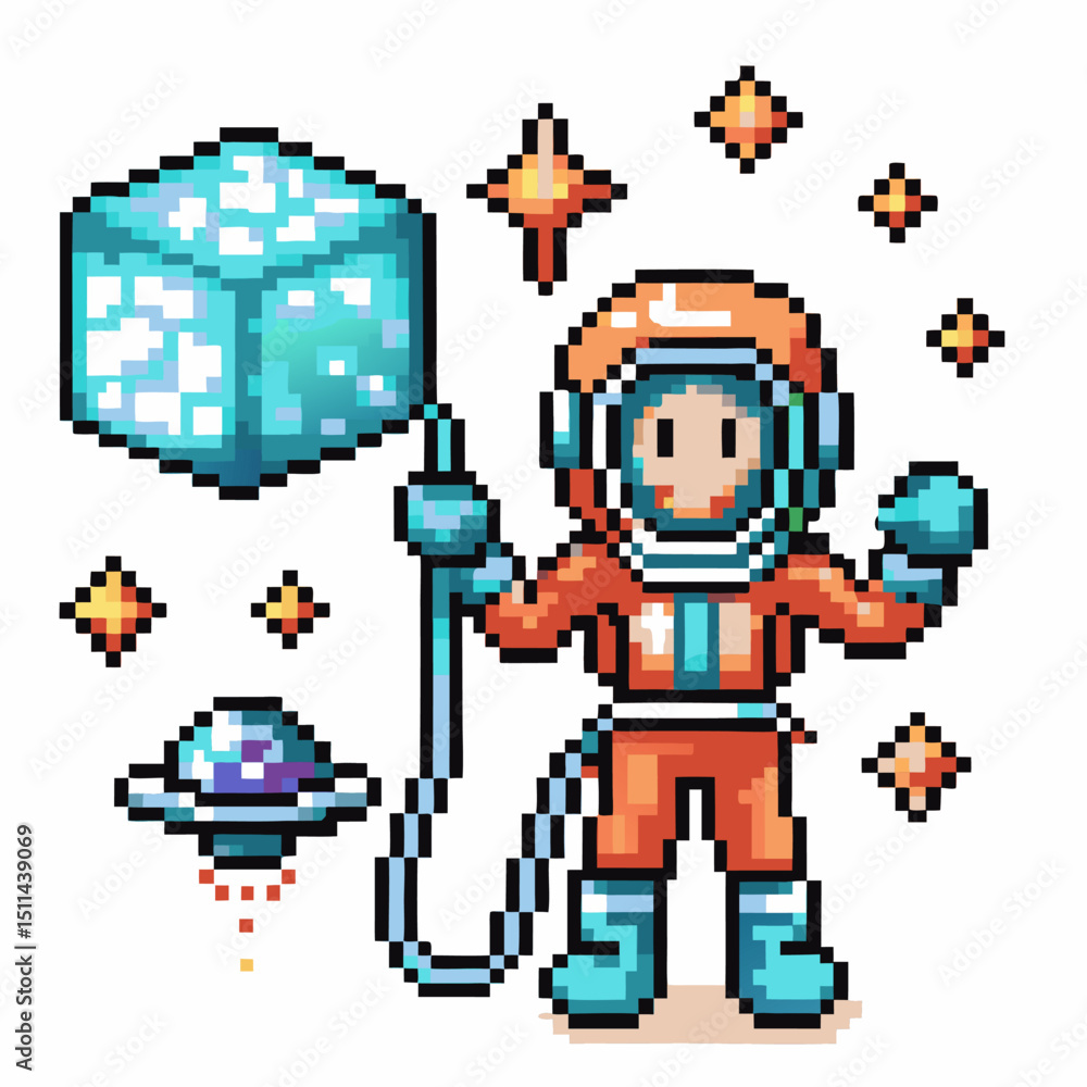 Poster astronaut with oxygen cube and spaceship in retro pixel art