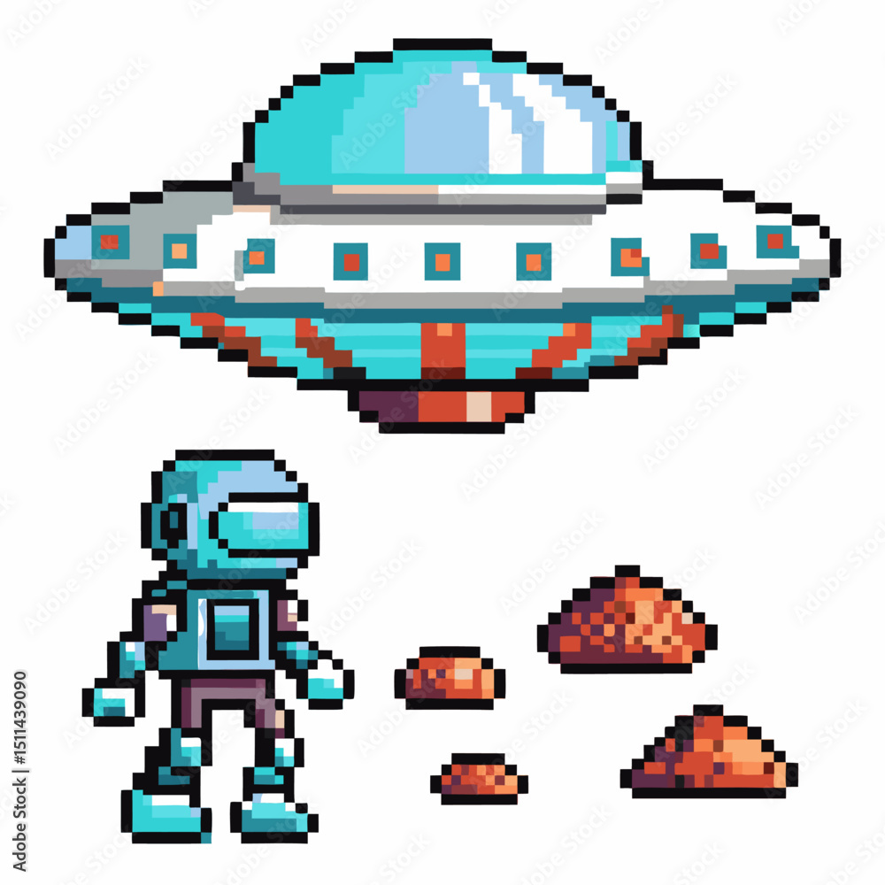 Poster pixel art alien and ufo hovering retro futuristic astronaut with spaceship and alien landscape explo