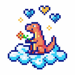 pixel art dinosaur holding flower on cloud surrounded by hearts and sparkles, playful retro design