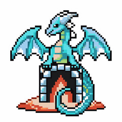 Fototapeta premium pixel art dragon on fortress retro fantasy creature, pixelated mythical beast guarding castle