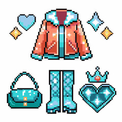 Naklejka premium pixel art fashion items stylish jacket, boots, crown, handbag, heart, sparkling gems on white backdrop