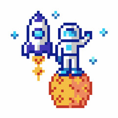 Fototapeta premium Pixel astronaut and rocket on orange planet retro space exploration, video game art