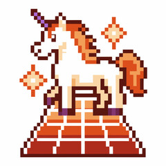 Fototapeta premium Pixel art unicorn with vibrant hues, retro digital fantasy, geometric platform design