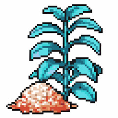 Fototapeta premium pixel art plant with blue leaves and brown mound retro gaming, digital nature illustration, 8 bit decoration
