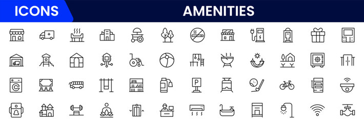 amenities facilities line icons, hotel parking restaurant park swimming pool, Vector illustration