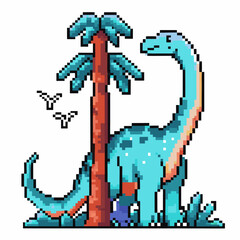 Obraz premium pixelated dinosaur in vibrant blue beside palm tree with birds, retro video game art