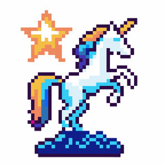 Obraz premium Pixel art unicorn with colorful mane, retro 8 bit shining star, fantasy creature standing majestically