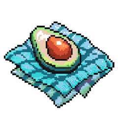 Fototapeta premium Pixelated avocado art on blue checkered tablecloth, vibrant digital design