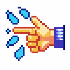 Obraz premium pixel art hand pointing with scattered blue pixel droplets retro gaming aesthetic with vibrant digital colors