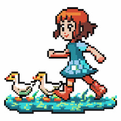 Obraz premium Pixel art girl running with ducks in a vibrant field retro gaming, nostalgic 8 bit style, playful scene