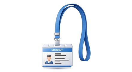 A student id badge with a blue lanyard on a white background is displayed