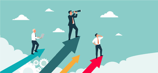 Vector illustration of a successful businessman with his team standing at diverging arrows, using a telescope to seek new business opportunities, symbolizing startup vision and strategic direction