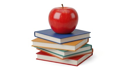 A stack of colorful books with a red apple on top against a white background
