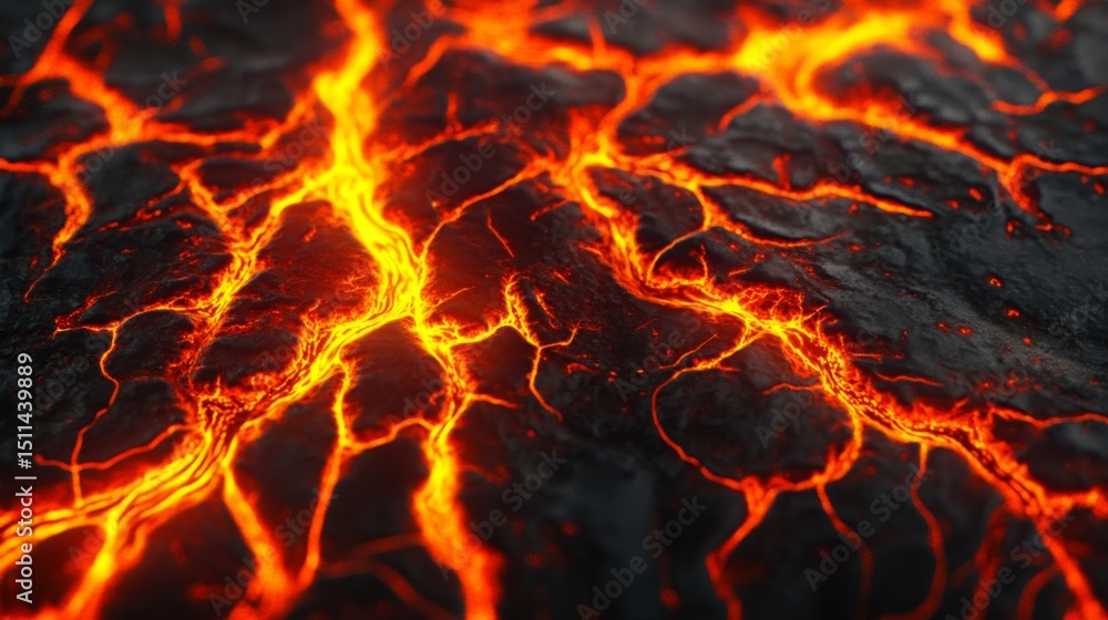 Poster fire spreading across a surface volcano digital art lava environment close-up view intricate pattern
