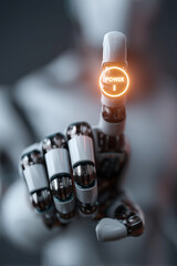 Close up finger of futuristic humanoid robot pressing power button with neon light modern interface action start technology, Automation technology concept
