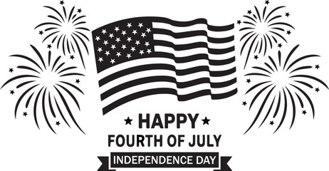 Waving American Flag with Fireworks &ndash; Happy Fourth of July Independence Day Vector Emblem, American Flag with Fireworks Burst &ndash; Fourth of July Independence Day Celebration Vector