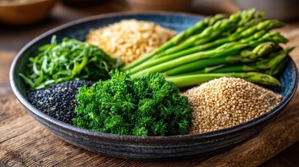 Green vegetables healthy control with celery and cleansing concept. Fresh herbs and grains elegantly arranged on a rustic plate.