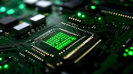 Obraz premium Close-up view of green-lit computer motherboard circuits