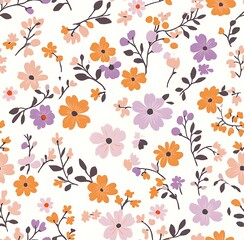 A pastel pink, orange, and purple small floral seamless pattern on a white background