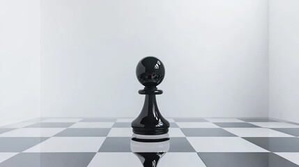 Solitary Black Pawn on a Chessboard in a White Room: A Still Life of Strategy and Minimalism