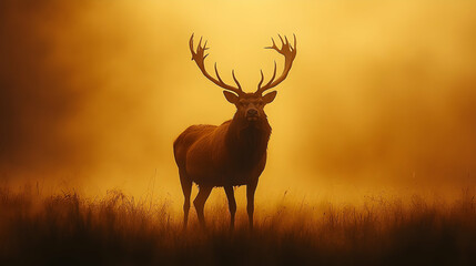 Fototapeta premium Majestic stag silhouetted against a golden sunrise.