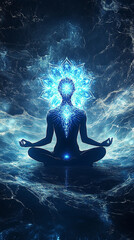 Silhouette of a man in lotus meditation position with Seven Chakras on flowing blue energy background. AI Generative