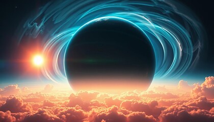 A vibrant exoplanet with swirling clouds, a distant star blazing in the background, exoplanet,  sci-fi