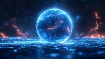 Obraz premium Neon wireframe sphere surrounded by electric blue lightning in space