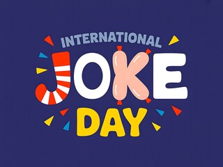International joke day graphic with colorful letters and confetti on a dark blue background