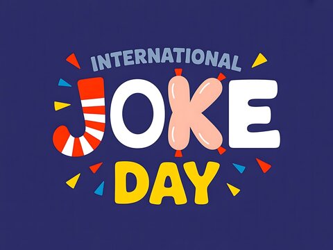 International joke day graphic with colorful letters and confetti on a dark blue background