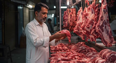 Butcher Handling Goat Meat at Eid Al-Adha Butcher Shop