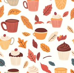 Autumn seamless pattern of coffee mugs, cupcakes, and leaves