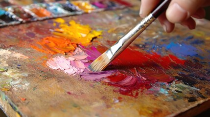 Obraz premium Vibrant Palette: A Close-Up of an Artist's Hand Mixing Oil Paints