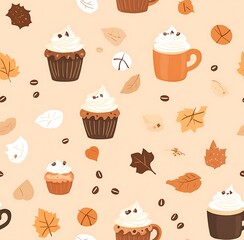 Autumn seamless pattern of coffee mugs, cupcakes, and leaves