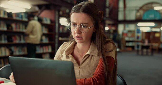 Woman, library and student with laptop, stress and education with deadline for project. Computer, scholarship or person with mistake, university and frustrated with internet, anxiety or quiz