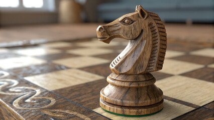 Chess Knight: A meticulously crafted chess knight stands proudly on the board, symbolizing strategy, intellect, and the enduring appeal of the game, with stunning detail.