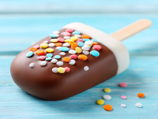 Fototapeta premium a colorful ice pop dipped in melted chocolate and sprinkles.