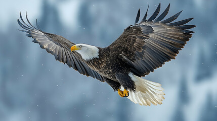 Majestic bald eagle soaring through a winter sky.