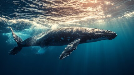 Naklejka premium Massive whale swimming close to surface water ocean depths nature photography serene environment underwater perspective marine life exploration