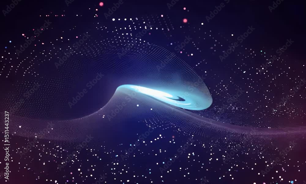 Poster abstract digital wave with glowing particles flowing across a dark gradient background in shades of 