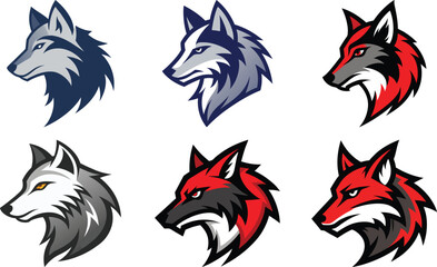 A set of wolf head face portraits features the profile of an angry, roaring animal with its mouth open, showcasing a wild canine predator mammal in a simple black and white linocut tattoo silhouette
